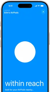 iPhone, affichant Localiser pour les AirPods, les AirPods sont à portée de l’iPhone