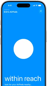 iPhone, affichant Localiser pour les AirPods, les AirPods sont à portée de l’iPhone