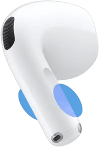 Extérieur d’un écouteur AirPod 5, cercles bleus indiquant où toucher la tige pour régler le volume
