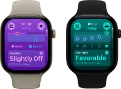 Deux Apple Watch Series 12 : boîtier en aluminium, or clair, Signes vitaux diurnes en écart léger, Digital Crown, Bracelet Sport sable, boîtier en aluminium, noir, Signes vitaux nocturnes favorables, Digital Crown, Bracelet Sport noir