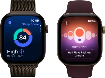 Apple Watch Series 12, boîtier en aluminium, bronze sombre, graphique circulaire du score de sommeil, Digital Crown, Bracelet Milanais, bronze sombre