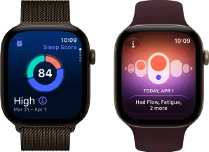 Apple Watch Series 12, boîtier en aluminium, bronze sombre, graphique circulaire du score de sommeil, Digital Crown, Bracelet Milanais, bronze sombre