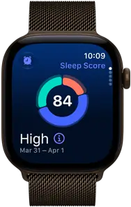 Apple Watch Series 12, boîtier en aluminium, bronze sombre, graphique circulaire du score de sommeil, Digital Crown, Bracelet Milanais, bronze sombre