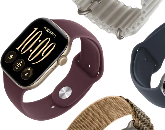 Bracelets Apple Watch Series 11 : Bracelet Sport brume violette, Bracelet Océan bleu maritime, Boucle Alpine bleu clair