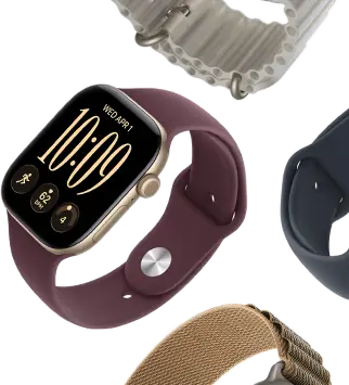 Bracelets Apple Watch Series 11 : Bracelet Sport brume violette, Bracelet Océan bleu maritime, Boucle Alpine bleu clair