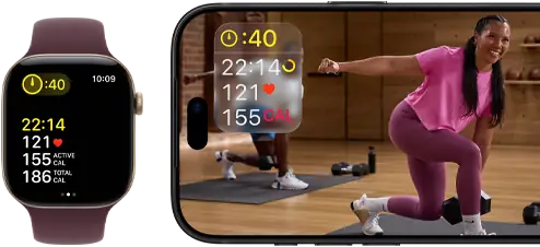 Apple Watch à côté d’un iPhone affichant une séance Apple Fitness+