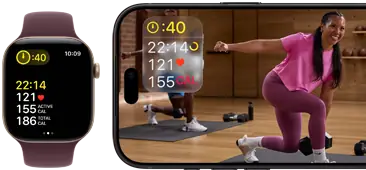 Apple Watch à côté d’un iPhone affichant une séance Apple Fitness+
