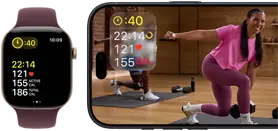 Apple Watch à côté d’un iPhone affichant une séance Apple Fitness+