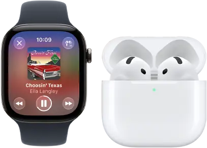 Apple Watch Series 12, boîtier en aluminium, noir, Bracelet Sport noir, app Apple Music ouverte, jumelée à des AirPods 4
