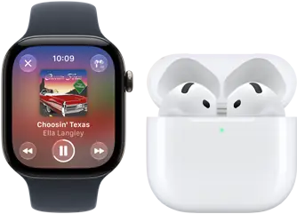 Apple Watch Series 12, boîtier en aluminium, noir, Bracelet Sport noir, app Apple Music ouverte, jumelée à des AirPods 4