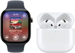 Apple Watch Series 12, boîtier en aluminium, noir, Bracelet Sport noir, app Apple Music ouverte, jumelée à des AirPods 4
