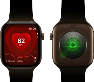 Deux Apple Watch Series 12, boîtier en aluminium, bronze sombre avec Bracelet Sport olive, l’une affichant l’app Fréquence cardiaque, l’autre montrant le Système de suivi de santé à l’arrière de la montre, avec des LED vertes lumineuses