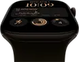 Apple Watch Series 12, boîtier en aluminium, bronze sombre, cadran Modulaire, complications : jour et date, Exercices, anneaux Activité, Apple Music, côté droit, Digital Crown, Bracelet Sport, olive
