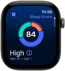 Apple Watch Series 12, boîtier en aluminium, gris sidéral, graphique circulaire du score de sommeil, côté droit, Digital Crown
