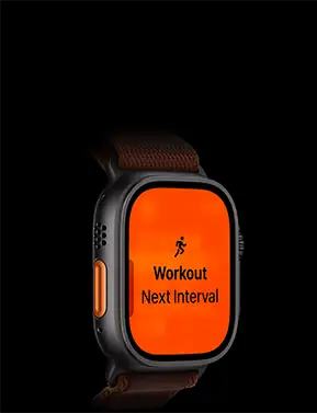 Apple Watch Ultra 4, kast van titanium, kleur zwart, work-out Hardlopen, volgende interval, linkerkant, oranje Actieknop, Alpine-bandje