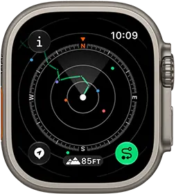 Apple Watch Ultra 4, kast van titanium, kleur naturel, Backtrack met route en kompas, rechterkant, Digital Crown, verhoogde zijknop