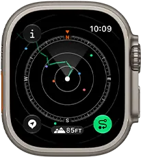 Apple Watch Ultra 4, kast van titanium, kleur naturel, Backtrack met route en kompas, rechterkant, Digital Crown, verhoogde zijknop