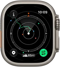 Apple Watch Ultra 4, kast van titanium, kleur naturel, Backtrack met route en kompas, rechterkant, Digital Crown, verhoogde zijknop