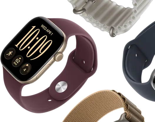 Bandjes voor Apple Watch Series 11: zachtpaars sportbandje, ankerblauw Ocean-bandje, lichtblauw Alpine-bandje
