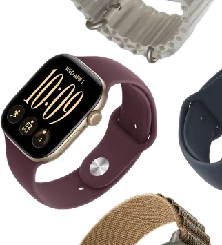 Bandjes voor Apple Watch Series 11: zachtpaars sportbandje, ankerblauw Ocean-bandje, lichtblauw Alpine-bandje