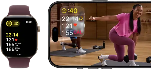 Apple Watch naast iPhone met Apple Fitness+-les op het scherm