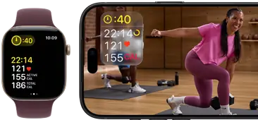 Apple Watch naast iPhone met Apple Fitness+-les op het scherm