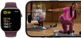 Apple Watch naast iPhone met Apple Fitness+-les op het scherm