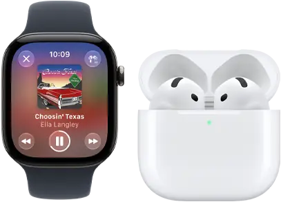 Apple Watch Series 12, kast van aluminium, kleur zwart, zwart sportbandje, Apple Music-app geopend, gekoppeld met AirPods 4
