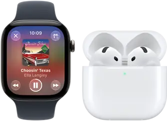 Apple Watch Series 12, kast van aluminium, kleur zwart, zwart sportbandje, Apple Music-app geopend, gekoppeld met AirPods 4