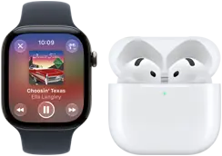Apple Watch Series 12, kast van aluminium, kleur zwart, zwart sportbandje, Apple Music-app geopend, gekoppeld met AirPods 4