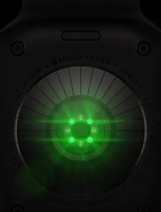 Achterkant van Apple Watch Ultra 4, kast van titanium, kleur zwart, meerdere ronde sensoren met oplichtende groene leds