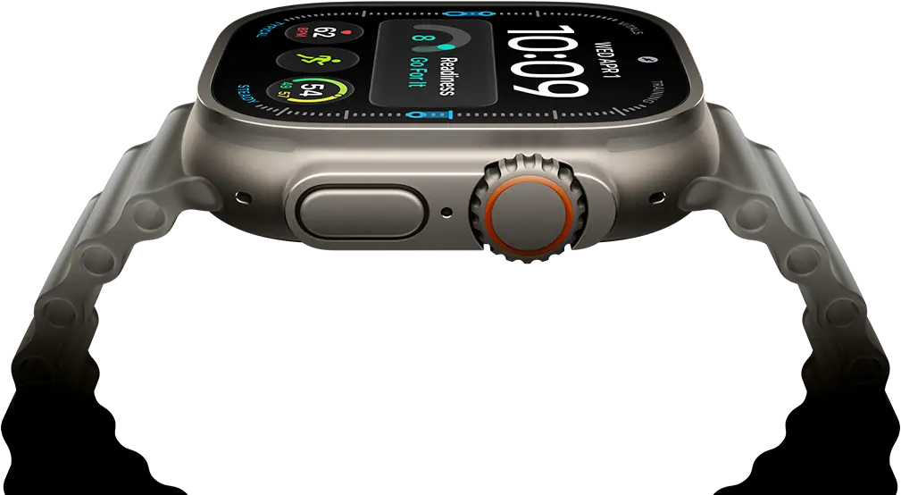 Apple Watch Ultra 4, kast van titanium, kleur naturel, digitale wijzerplaat, functies: gereedheid, hartslag, Work-outs, temperatuur, rechterkant, Digital Crown, verhoogde zijknop, Ocean-bandje, kleur doorschijnend grijs