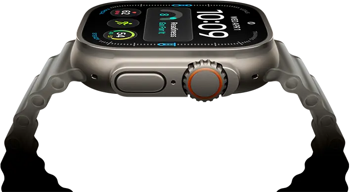 Apple Watch Ultra 4, kast van titanium, kleur naturel, digitale wijzerplaat, functies: gereedheid, hartslag, Work-outs, temperatuur, rechterkant, Digital Crown, verhoogde zijknop, Ocean-bandje, kleur doorschijnend grijs