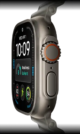 Apple Watch Ultra 4, kast van titanium, kleur naturel, digitale wijzerplaat, functies: gereedheid, hartslag, Work-outs, temperatuur, rechterkant, Digital Crown, verhoogde zijknop, Ocean-bandje, kleur doorschijnend grijs