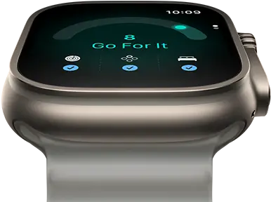Apple Watch Ultra 4, kast van titanium, kleur naturel, gereedheidssscore van 8, rechterkant, Digital Crown, verhoogde zijknop, Ocean-bandje, kleur doorschijnend grijs