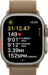 Apple Watch Ultra 4, kast van titanium, kleur naturel, geavanceerde work-outgegevens voor Buiten Hardlopen, rechterkant, Digital Crown, verhoogde zijknop, Trail-bandje, kleur zand