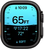 Apple Watch Ultra 4, kast van titanium, kleur zwart, Diepte-app met duikgegevens, rechterkant, Digital Crown, verhoogde zijknop