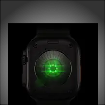 Achterkant van Apple Watch Ultra 4, kast van titanium, kleur zwart, meerdere ronde sensoren met oplichtende groene leds