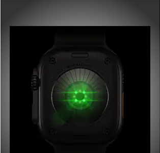 Achterkant van Apple Watch Ultra 4, kast van titanium, kleur zwart, meerdere ronde sensoren met oplichtende groene leds