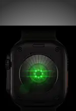 Achterkant van Apple Watch Ultra 4, kast van titanium, kleur zwart, meerdere ronde sensoren met oplichtende groene leds