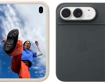 iPhone Duo, finition blanc stellaire dans une coque en silicone sable, mode paysage, entièrement ouvert en position horizontale, double caméra Fusion en haut à gauche, une coque recouvre la face extérieure arrière et le bord de l’écran interne, le côté droit présente l’écran externe affichant l’image d’une personne. iPhone Duo, finition blanc stellaire, appuyé sur le Folio marine avec support, complètement ouvert à l’horizontale ; la face extérieure arrière met en évidence la double caméra Fusion 48 MP, deux objectifs