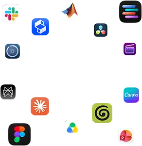 Différents glyphes d’apps sont disposés autour du texte suivant : Vos apps décollent sur macOS