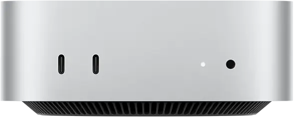 Mac mini, de face, deux ports Thunderbolt, voyant lumineux de statut et prise casque, base noire fuselée, haut plat, angles arrondis, bords droits, couleur argent