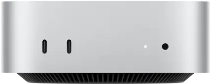 Mac mini, de face, deux ports Thunderbolt, voyant lumineux de statut et prise casque, base noire fuselée, haut plat, angles arrondis, bords droits, couleur argent
