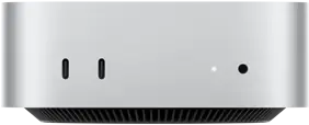 Mac mini, de face, deux ports Thunderbolt, voyant lumineux de statut et prise casque, base noire fuselée, haut plat, angles arrondis, bords droits, couleur argent