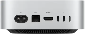Mac mini, de dos, prise d’alimentation, port Ethernet, port HDMI, trois ports Thunderbolt