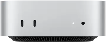 Mac mini, vue de face, boîtier argent, deux ports USB-C, bouton d’alimentation, voyant lumineux de statut, grille de ventilation en bas