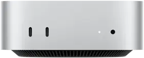 Mac mini, vue de face, boîtier argent, deux ports USB-C, bouton d’alimentation, voyant lumineux de statut, grille de ventilation en bas