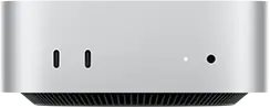Mac mini, vue de face, boîtier argent, deux ports USB-C, bouton d’alimentation, voyant lumineux de statut, grille de ventilation en bas