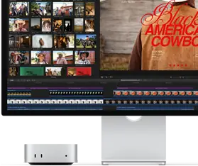 Mac mini associé à un Studio Display, écran affichant à droite l’écran titre d’un film intitulé Black American Cowboy et à gauche plusieurs images